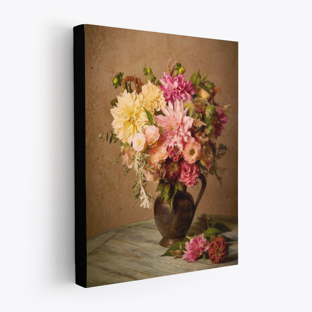 Dahlia Obsession Canvas Print with black edge on white wall