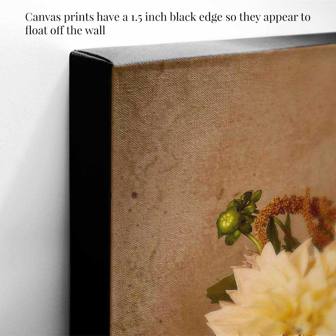 Close up image of a canvas print showing the 1.5 inch black edge and the detail of the canvas texture