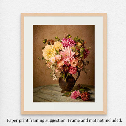 Image of floral arrangement with dahlias with a white mat board and a natural wood frame on a white wall with text explaining the mat and frame are not included with purchase