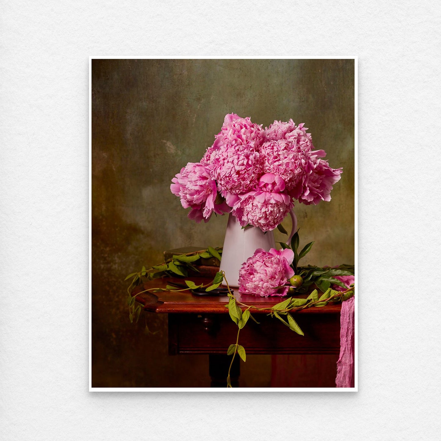 Image of the Peony Sisters paper print with a 1/4 inch white border on a white surface