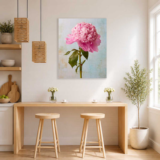 Miss Stoic Peony Wall Art Canvas with pink peony bloom in a bright living room setting