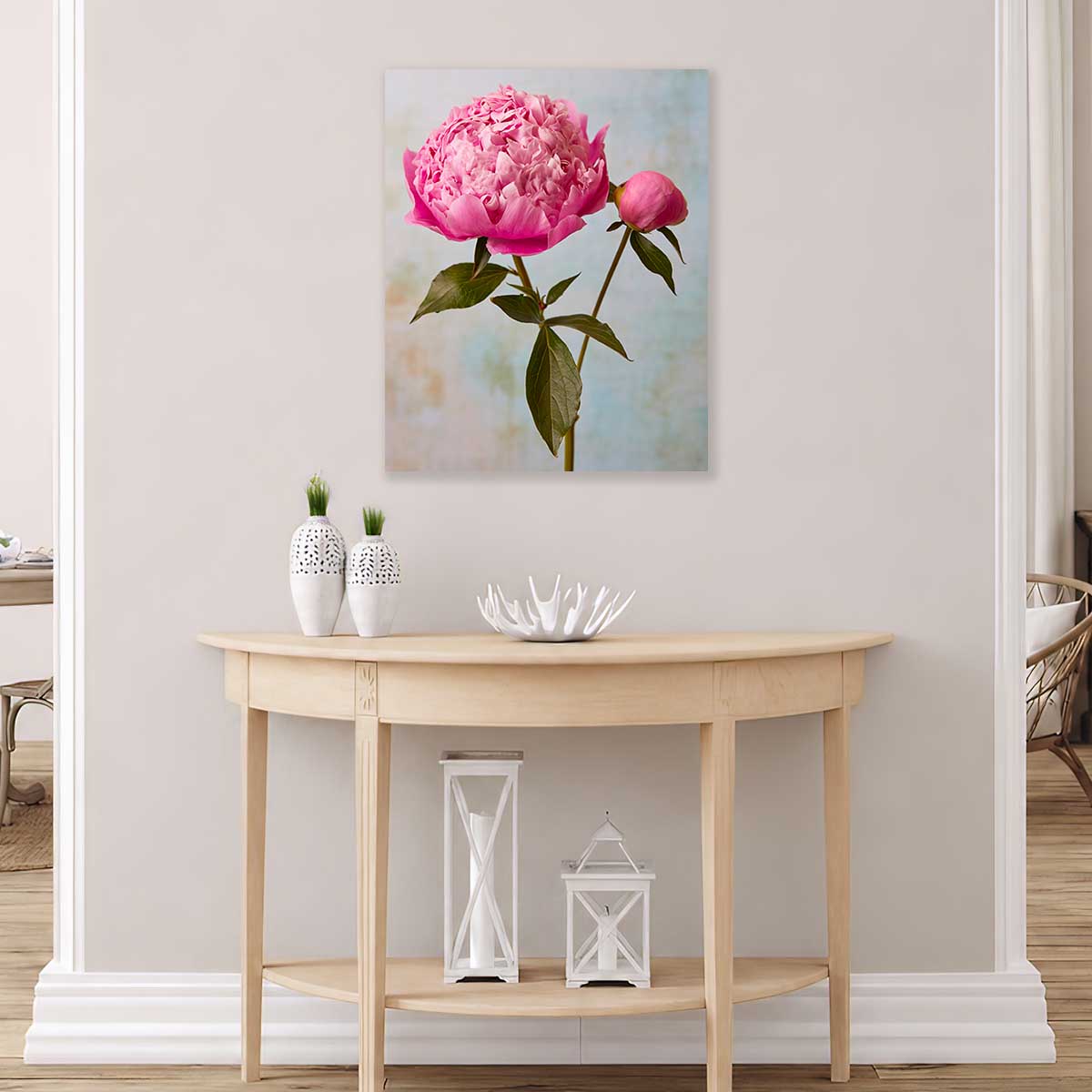 Miss Sissy Peony Wall Art Canvas pink peony single stem on a vertical portrait canvas print