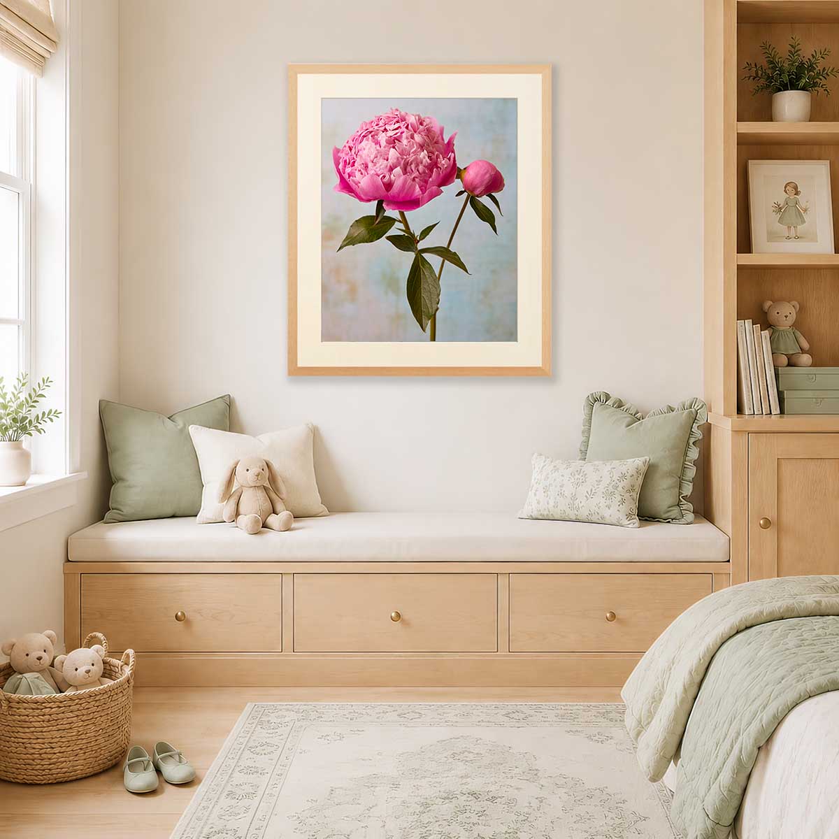 Miss Sissy Peony Wall Art Print vertical giclée paper print with pink peony bloom and gold wall art