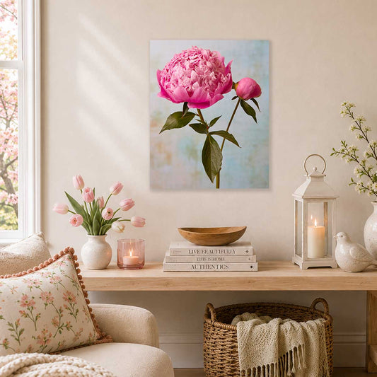 Miss Sissy Peony Wall Art Canvas pink peony bloom on vertical canvas for wall art decor