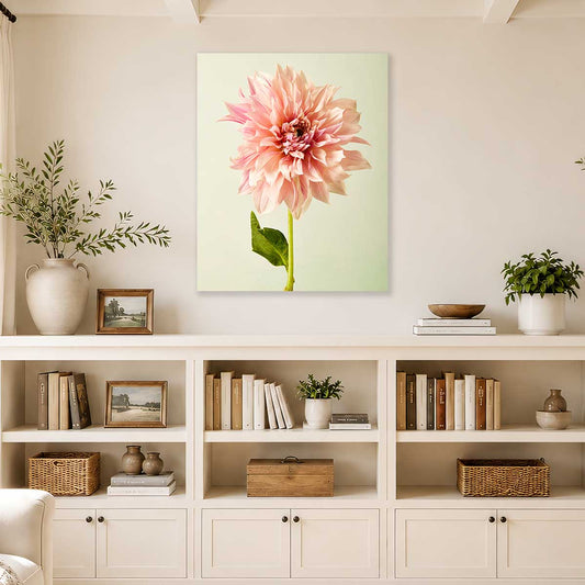 Elegance In Pink Dahlia wall art canvas with a single-stem dahlia bloom on a soft green background