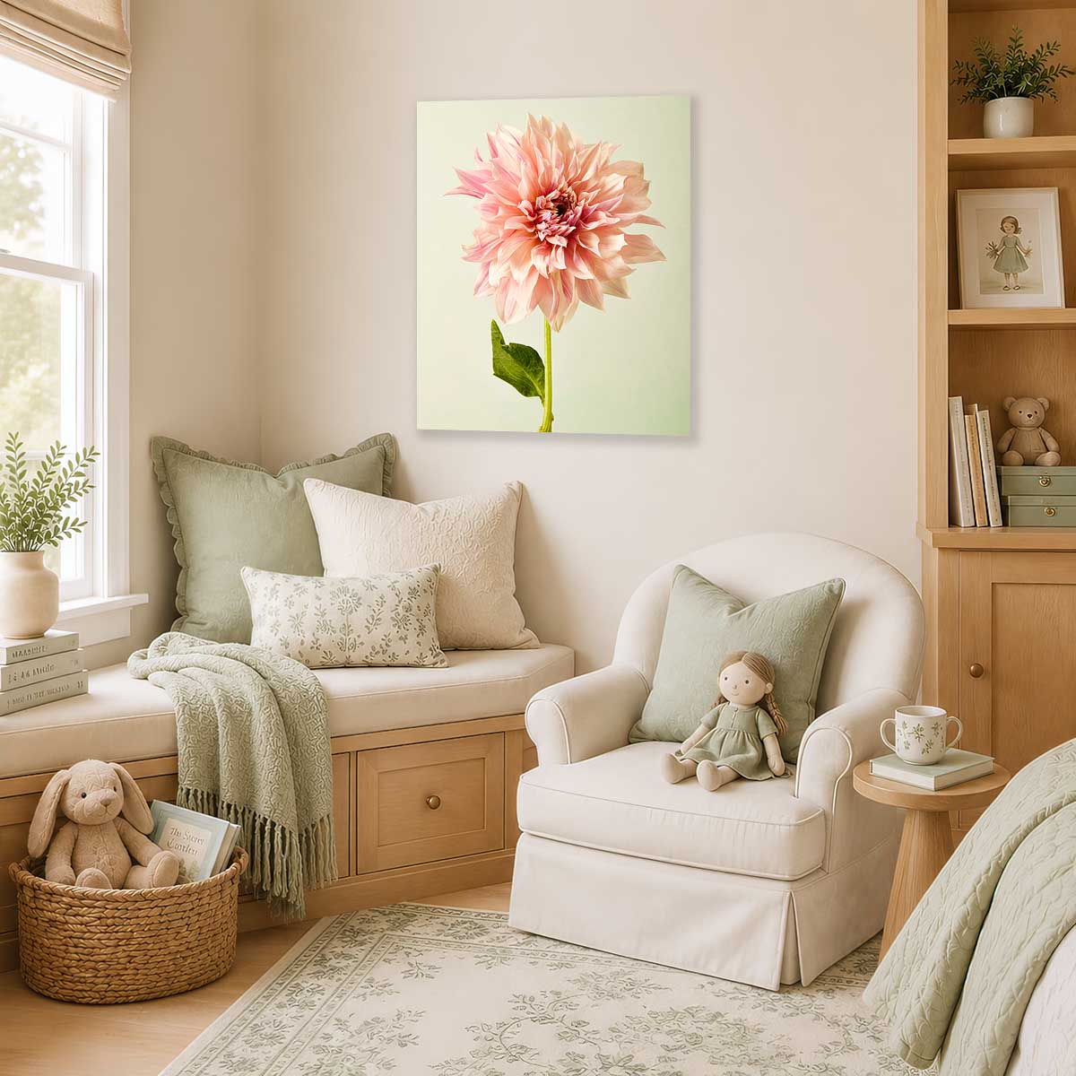 Elegance In Pink Dahlia Wall Art Canvas with pink single stem bloom on a soft green background