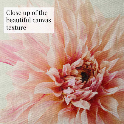 A close-up of Elegance In Pink fine art giclee canvas reveals the textured canvas with a detailed Café au Lait dahlia with delicate pink petals. A text overlay reads, Close up of the beautiful canvas texture, highlighting the intricate details of this artwork.