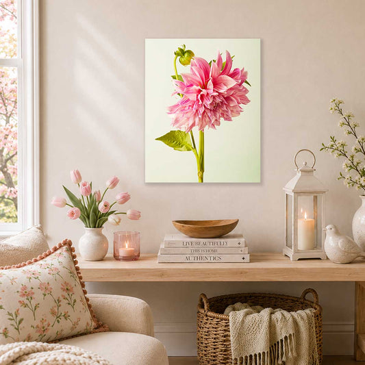 Budding Beauty Dahlia Wall Art Canvas with pink dahlia bloom and green stem on a light background