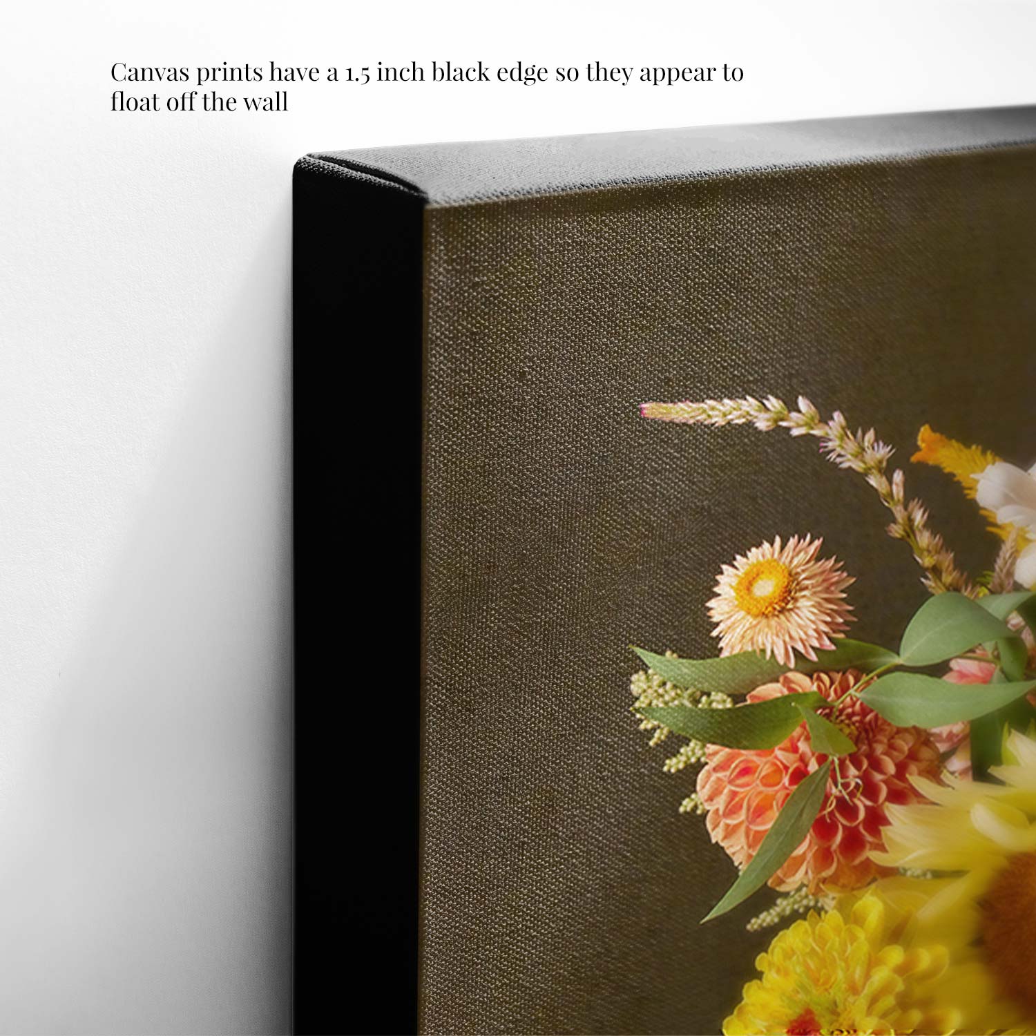 Close-up of the Sunny Bouquet canvas wall art showcasing a sunflower bouquet with a 1.5-inch black edge, creating a floating effect off the wall.