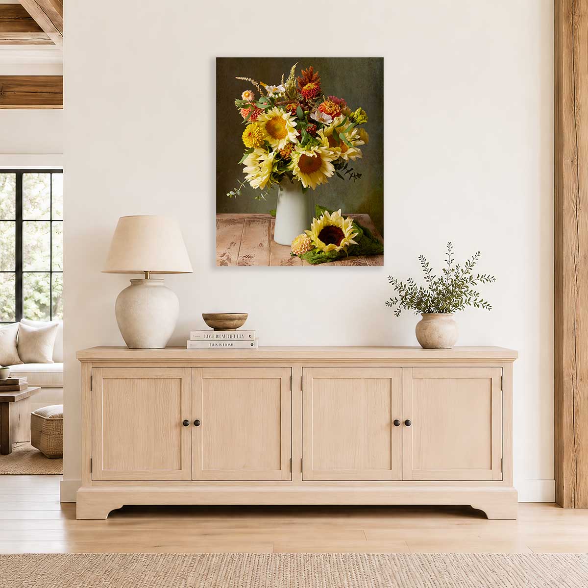 Sunny Bouquet Sunflower Wall Art Canvas with gold accents, vertical floral bouquet on a dark green background
