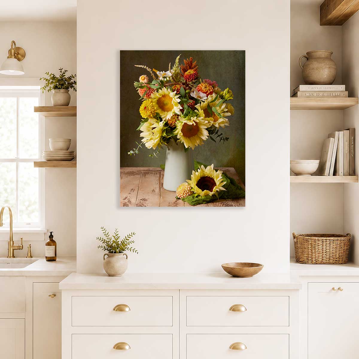 Sunny Bouquet Sunflower Wall Art Canvas with gold accents, vertical canvas print in a bright home setting