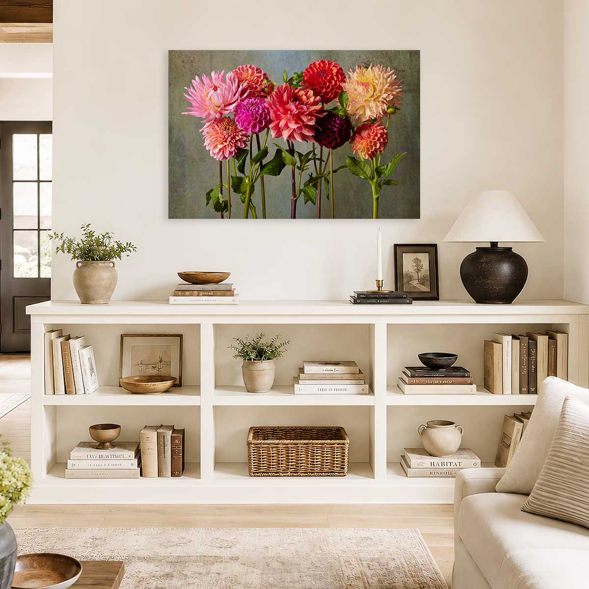 Summer's Chorus Dahlia Fine Art Canvas wall art with colorful dahlia flowers in a bright living room