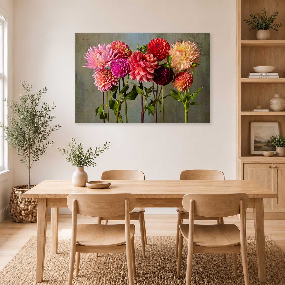 Summer's Chorus Dahlia Fine Art Canvas wall art with pink and red dahlias on a green background