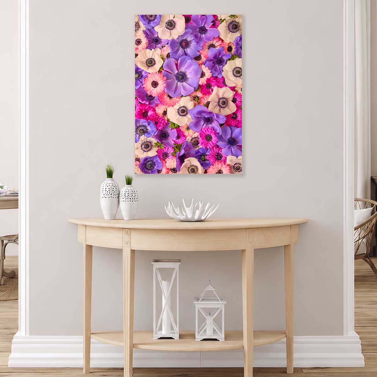 Purple Passion Anemone Wall Art Canvas Vertical with purple and pink anemone flowers on a canvas print