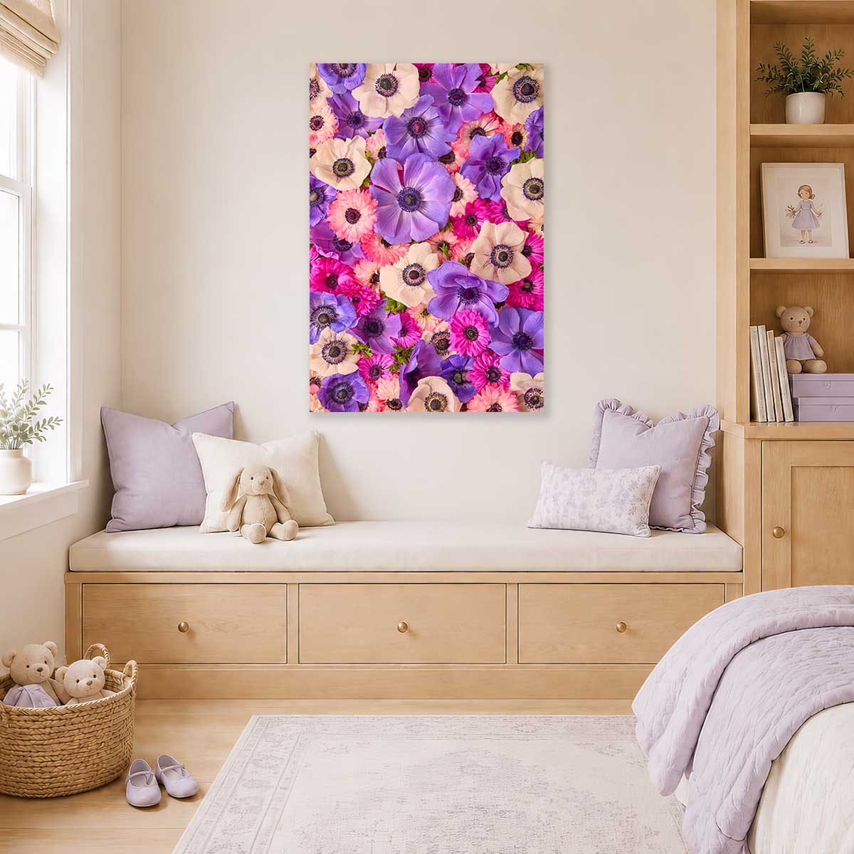 Purple Passion Anemone Wall Art Canvas Vertical with wall art featuring purple and pink anemone flowers