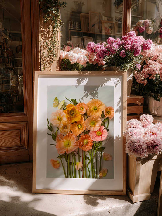 Italian Poppy Garden Wall Art Print wall art with orange and pink flowers in a gold frame indoors