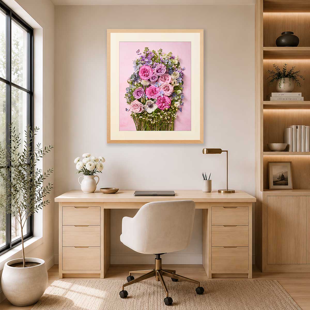 Rose Garden Floral Wall Art Print with gold frame, pink and purple roses bouquet on a soft pink background
