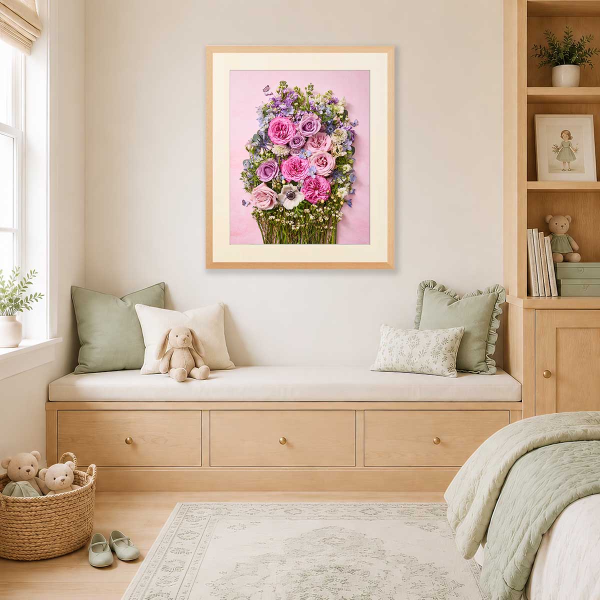 Rose Garden Floral Wall Art Print wall art with framed pink and purple roses bouquet on a pale pink background