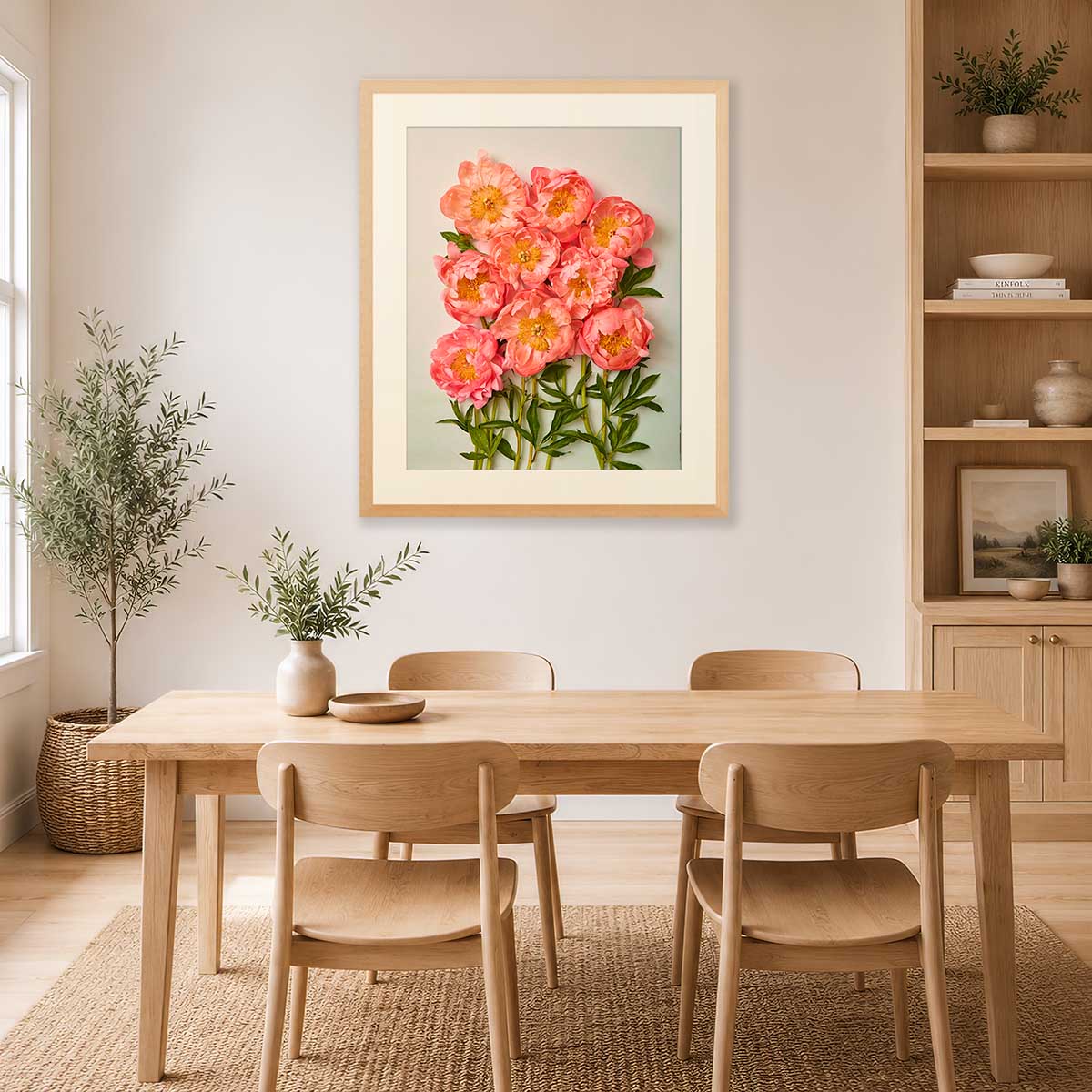 Coral Charm Garden Peony Wall Art print with coral peonies in a gold frame on a living room wall