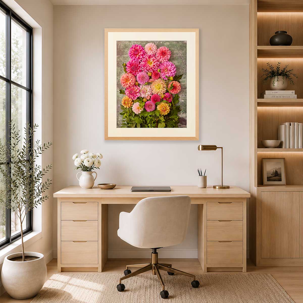 Dahlia Garden Wall Art Print with gold wall art framing, bright pink and coral flowers in a living room
