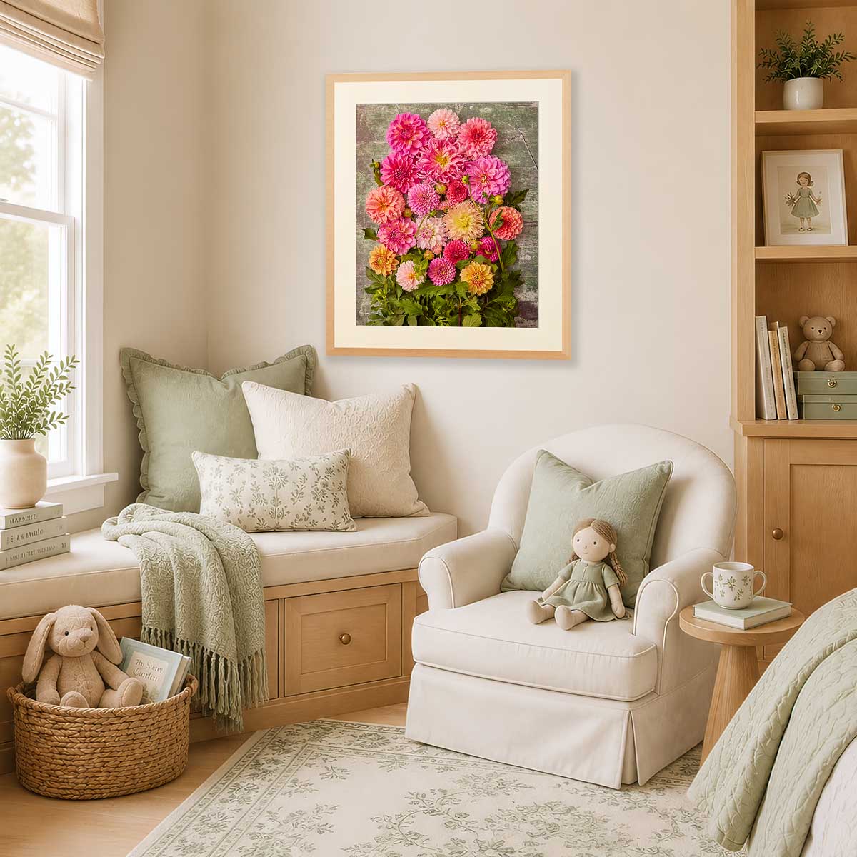 Dahlia Garden Wall Art Print with gold wall art frame, pink dahlias in a bright living room