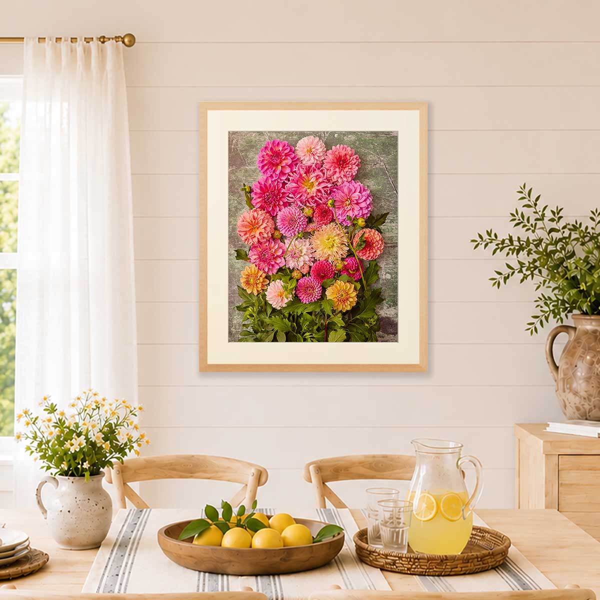 Dahlia Garden Wall Art Print with gold wall art frame, bright pink and peach dahlias in a living room
