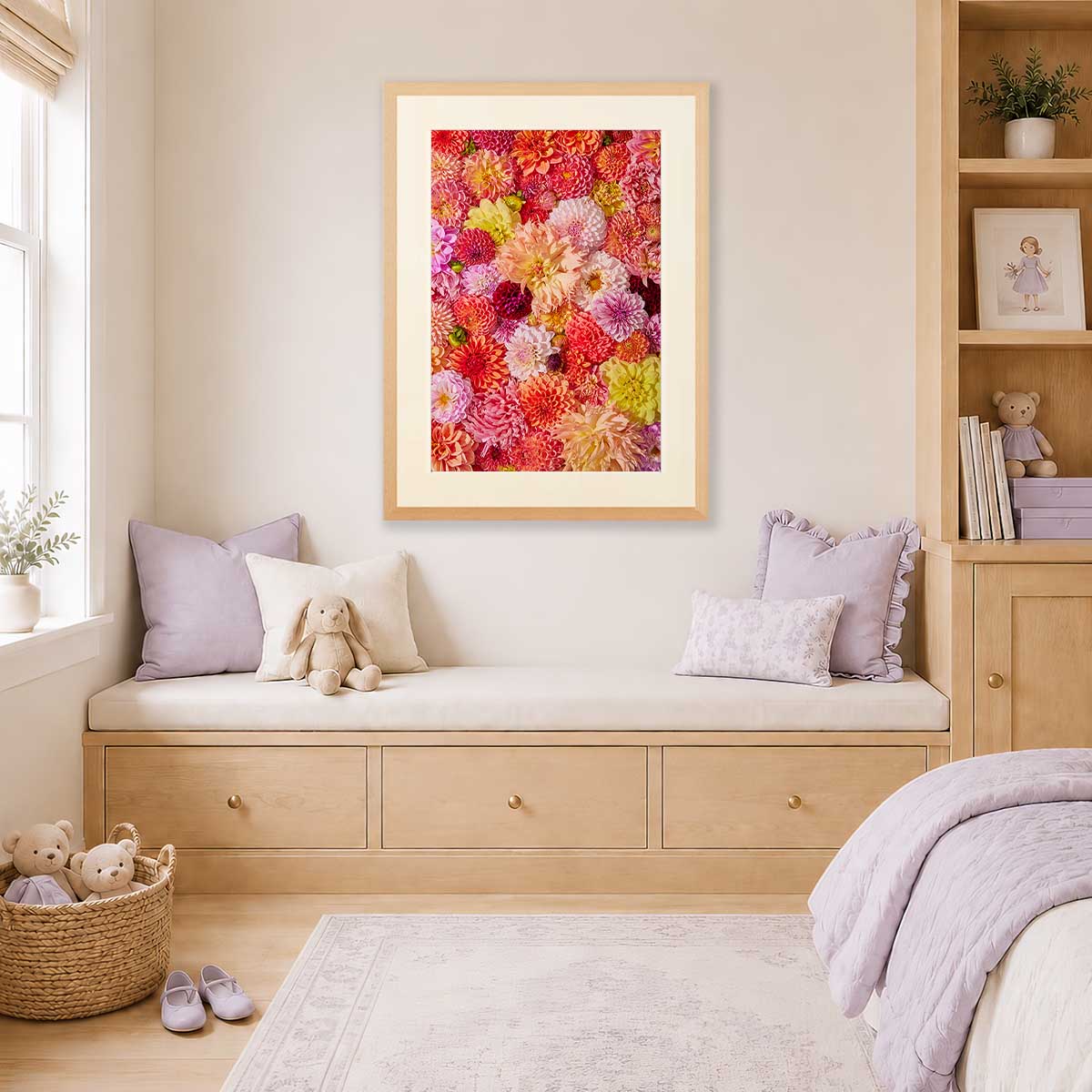 Blooming Radiance Dahlia Wall Art Print with colorful red and pink dahlias, wall art in a light room
