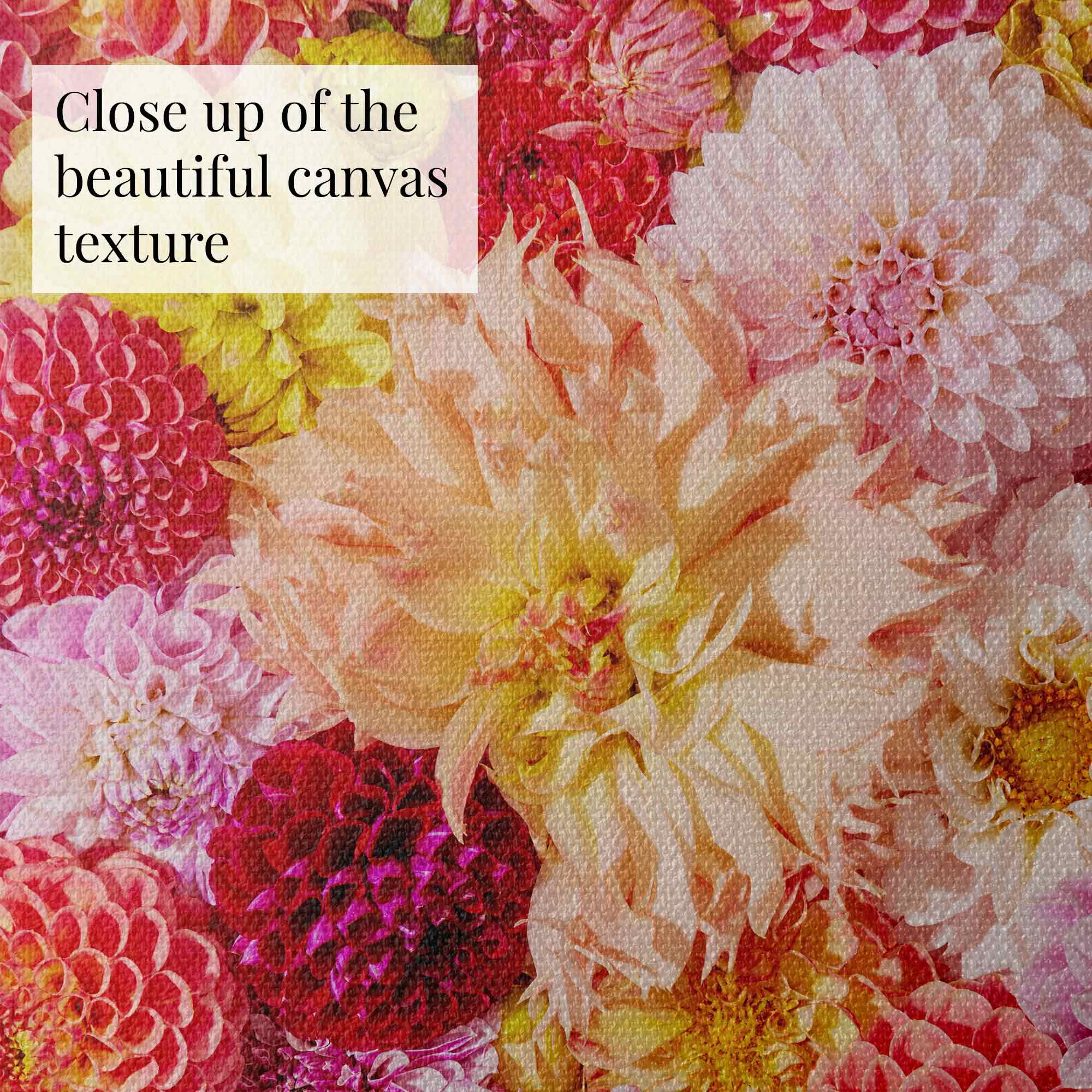 A close-up image of the Dahlia Bed - Blooming Radiance canvas showcases a vibrant floral pattern. It features pink, white, yellow, and red flowers resembling dahlia photography with intricate petal details in a vivid tapestry. Text reads Close up of the beautiful canvas texture.