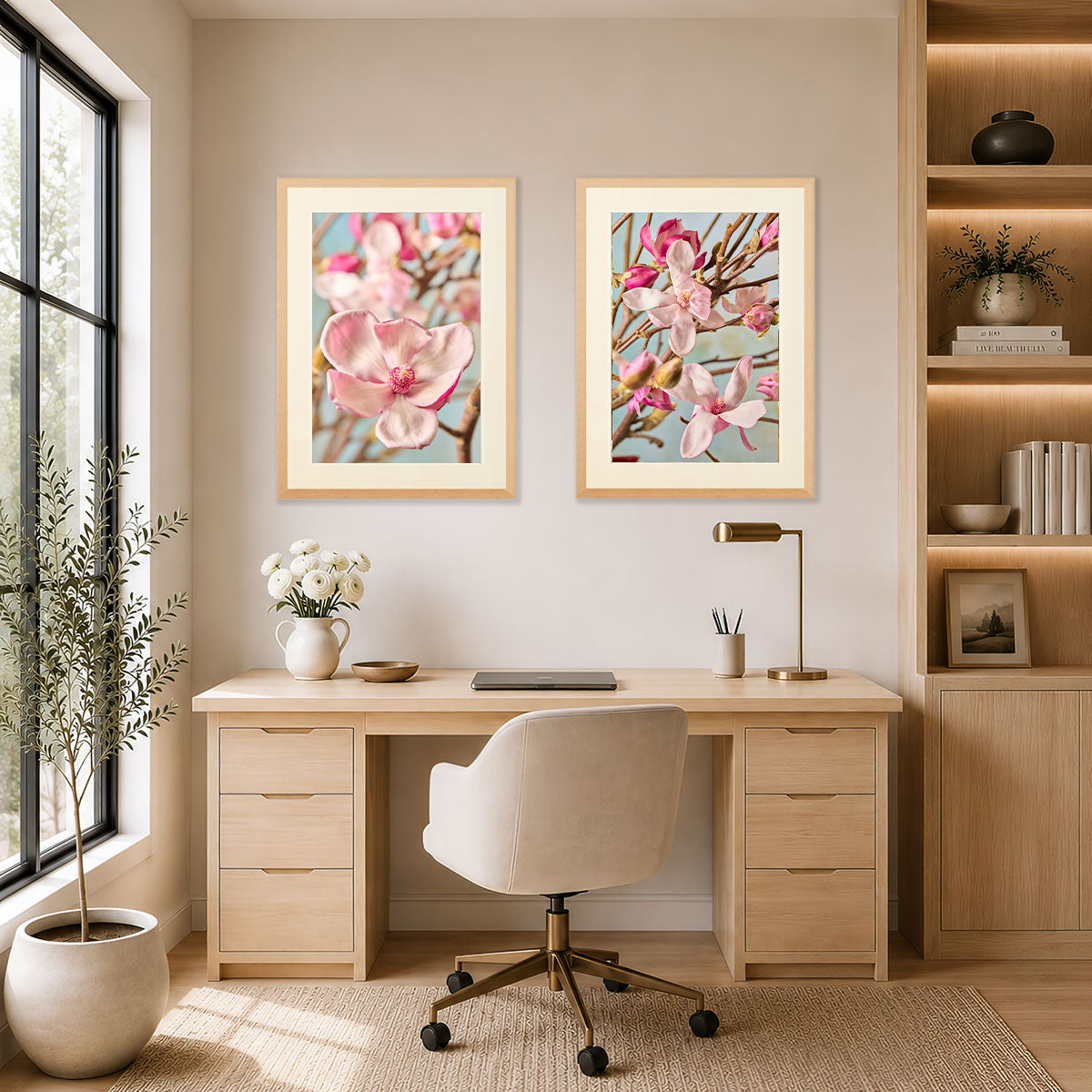 Magnolia Duo Wall Art Print Set floral wall art print set in a warm beige room with two framed magnolia portraits