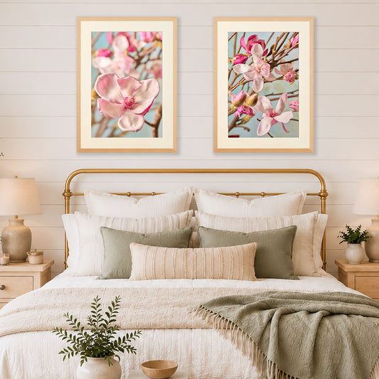 Magnolia Duo Wall Art Print Set with two-piece floral portraits in pink and white for bedroom wall decor