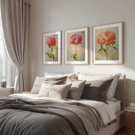 Coral Charm Peony 3 Piece Art Print Set wall art with coral and pink peonies in a 3 panel triptych