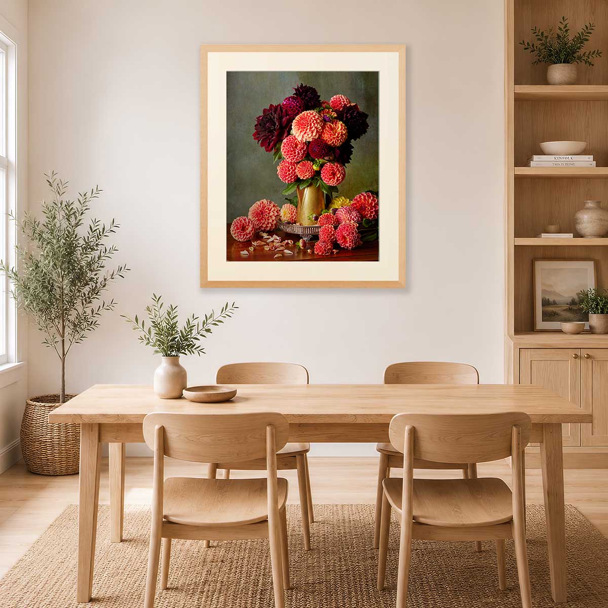 Late Summer Glow Dahlia Wall Art Print with gold wall decor accents, framed floral bouquet on a dining room wall