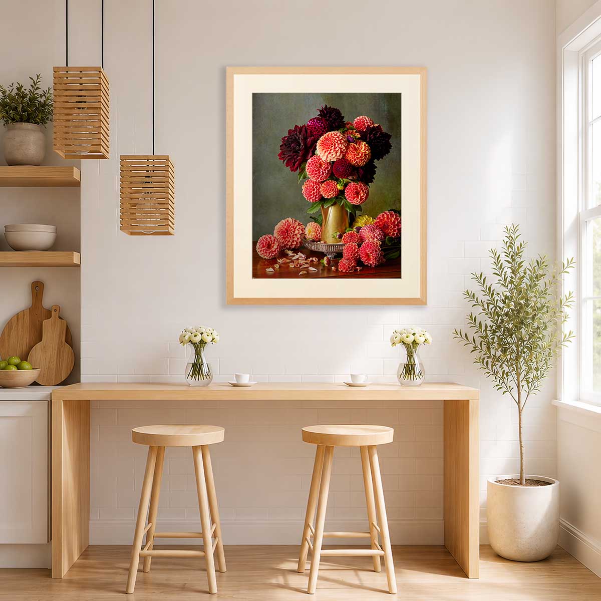 Late Summer Glow Dahlia Wall Art Print with gold wall art frame, red and coral flowers in a vase
