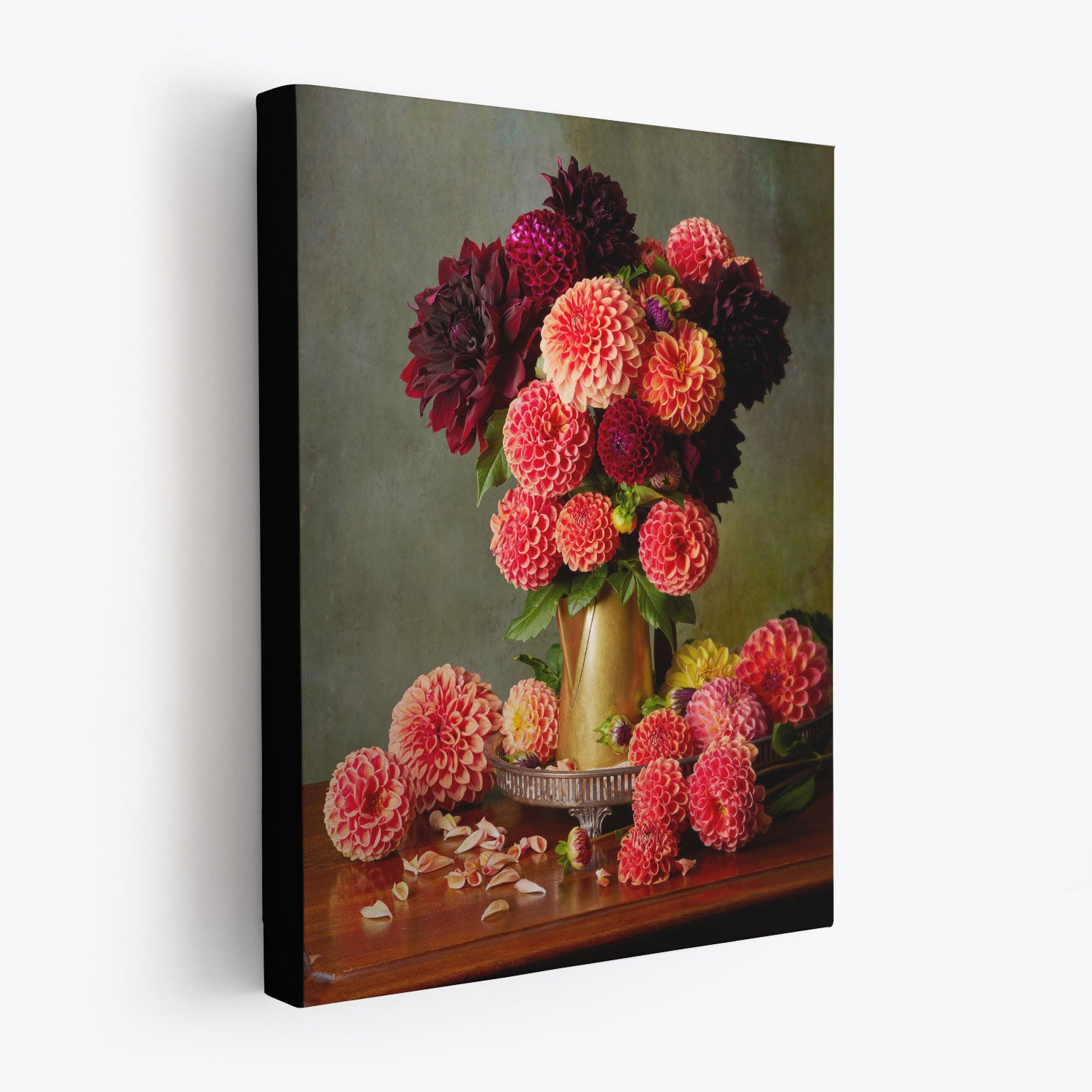 Side view of the Late Summer Glow canvas wall art showcasing dark red flowers with a 1.5-inch black edge, producing a floating effect.