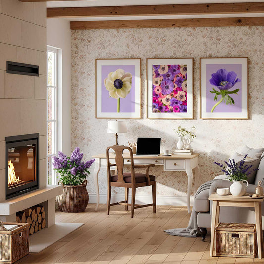 Anemone Portraits 3 Piece Art Set purple violet wall art triptych anemone prints in gold frames