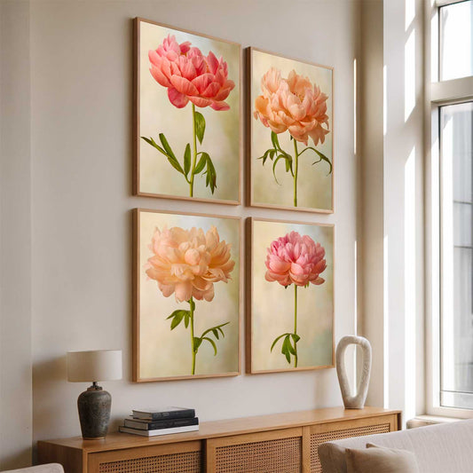 Coral Charm Peony 4 Piece Art Set wall art in coral and pink, four-panel peony canvas prints with maple frames