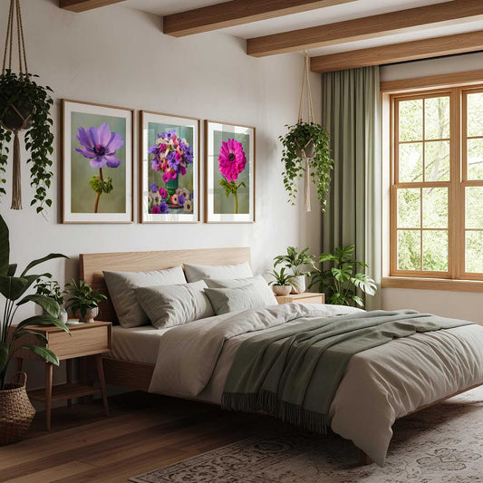 Anemone Harmony 3 Piece Art Print Set wall art with three framed anemone flowers in purple and pink
