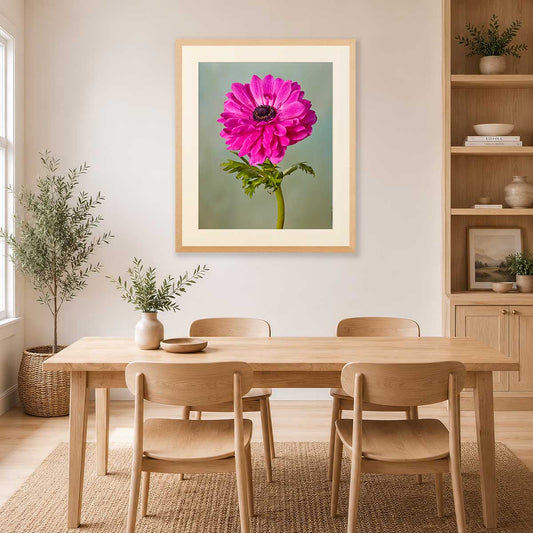 Fuchsia Glow Anemone Wall Art Print with framed floral design in bright pink and green wall decor
