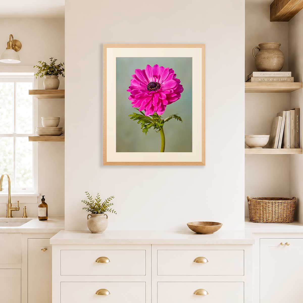 Fuchsia Glow Anemone wall art print with bright pink anemone flower in a light wood frame