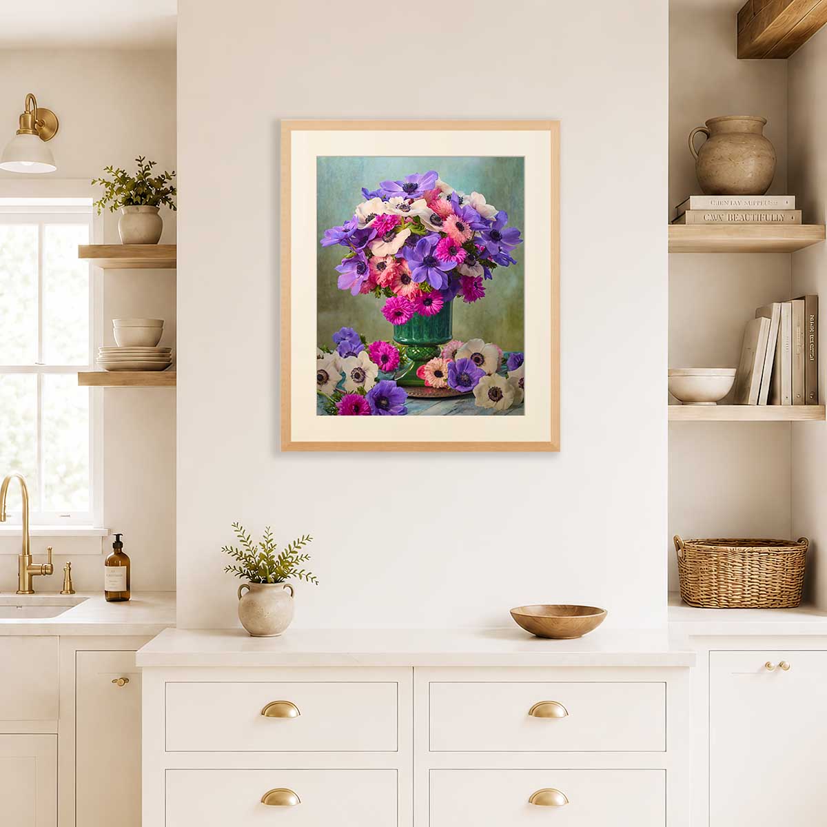Boldly Blooming Anemone Wall Art Print with purple and pink floral bouquet in a beige framed print
