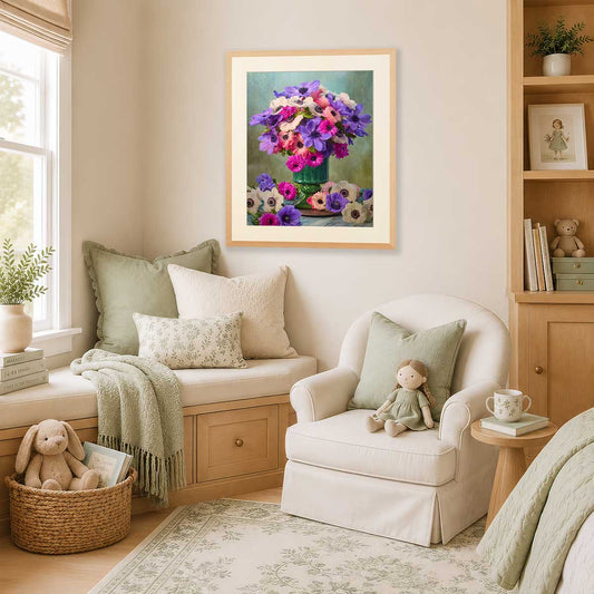 Boldly Blooming Anemone Wall Art Print with colorful floral bouquet in a framed print on a living room wall