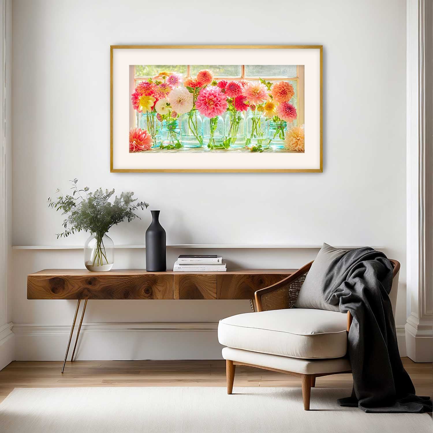 Last Days Of Summer Panoramic Dahlia Wall Art Print with gold frame, pink and orange flowers in a jar