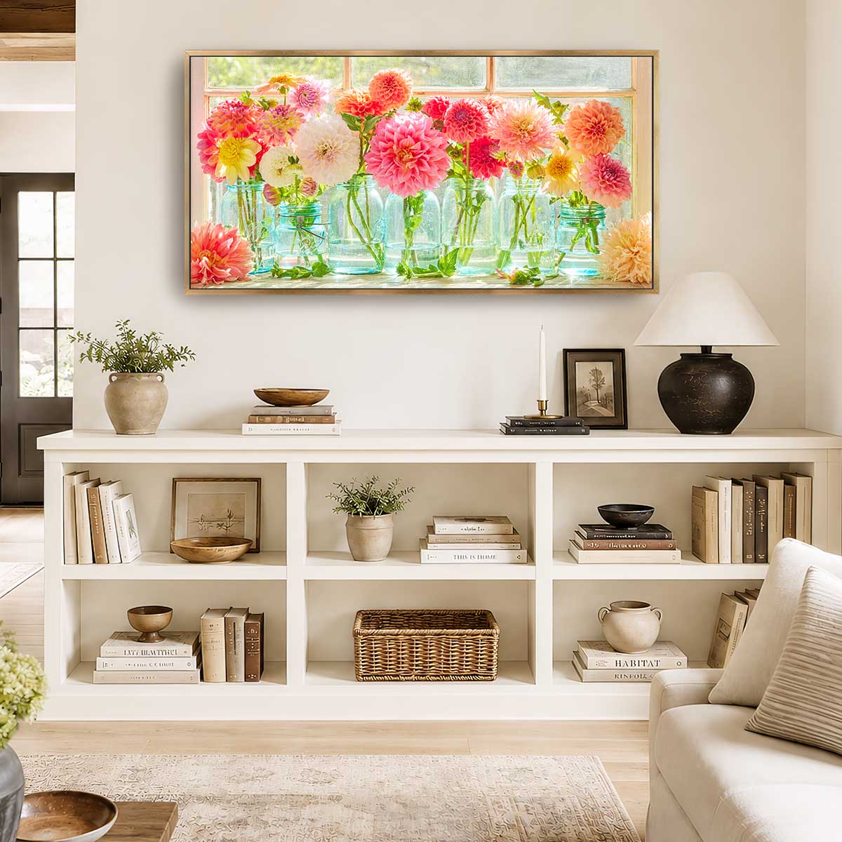Last Days Of Summer Panoramic Dahlia Wall Art Canvas with gold frame, pink and orange flowers in glass jars