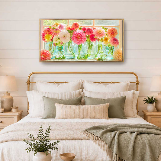 Last Days Of Summer Panoramic Dahlia Wall Art Canvas gold framed wall art with colorful dahlias in glass jars