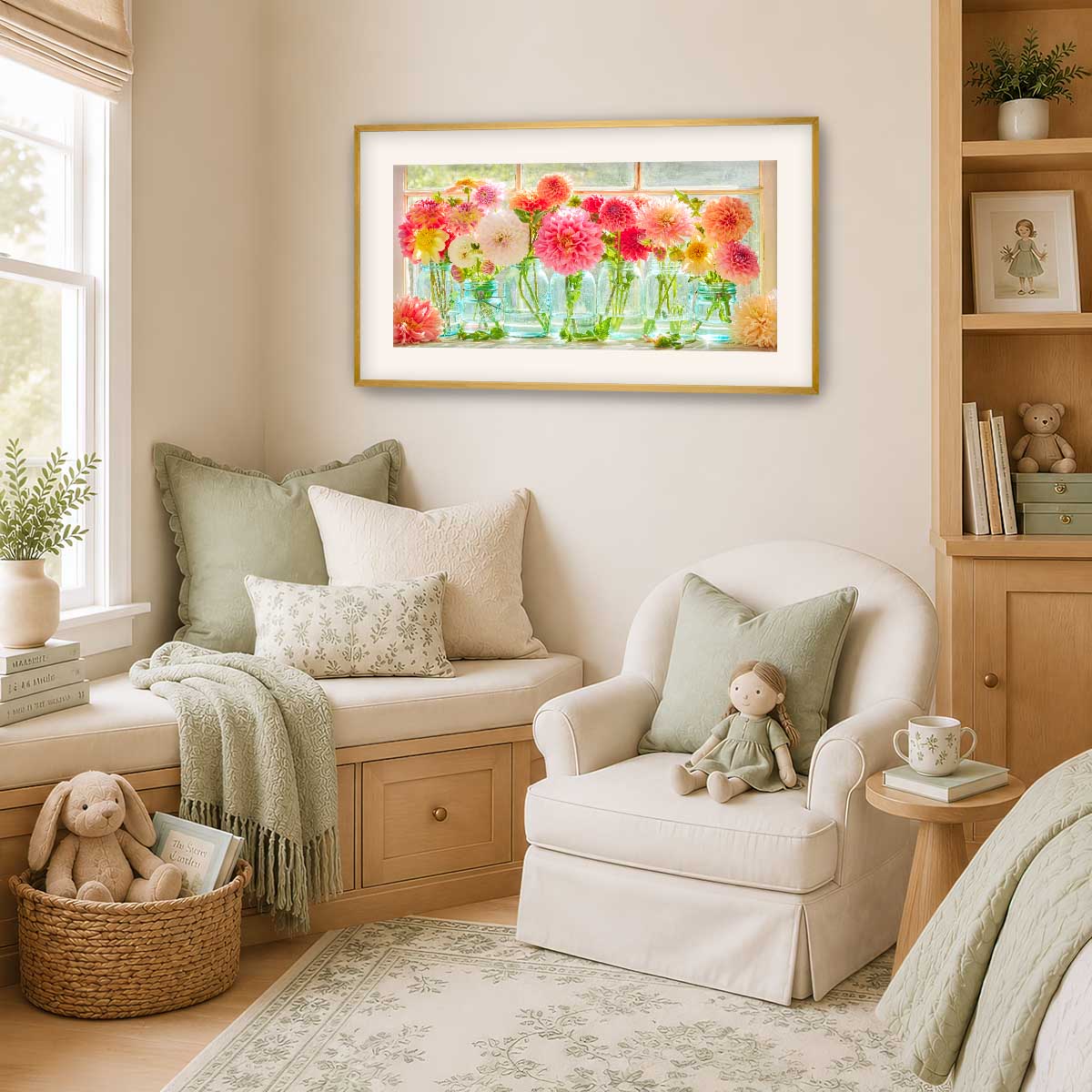 Last Days Of Summer Panoramic Dahlia wall art print with framed gold border, bright pink flowers in a vase