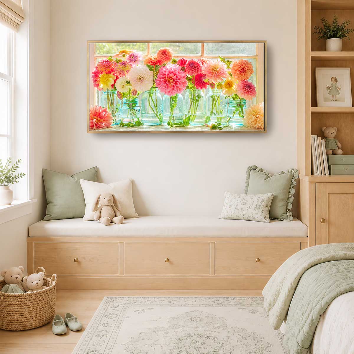 Last Days Of Summer Panoramic Dahlia Wall Art Print with gold frame, vibrant pink and orange flowers