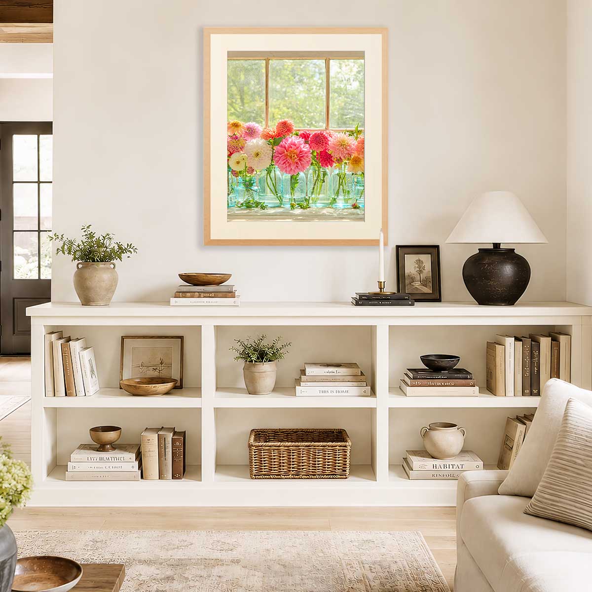 Last Days Of Summer Vertical Dahlia Fine Art Print wall art with pink dahlias in a glass jar on a framed print