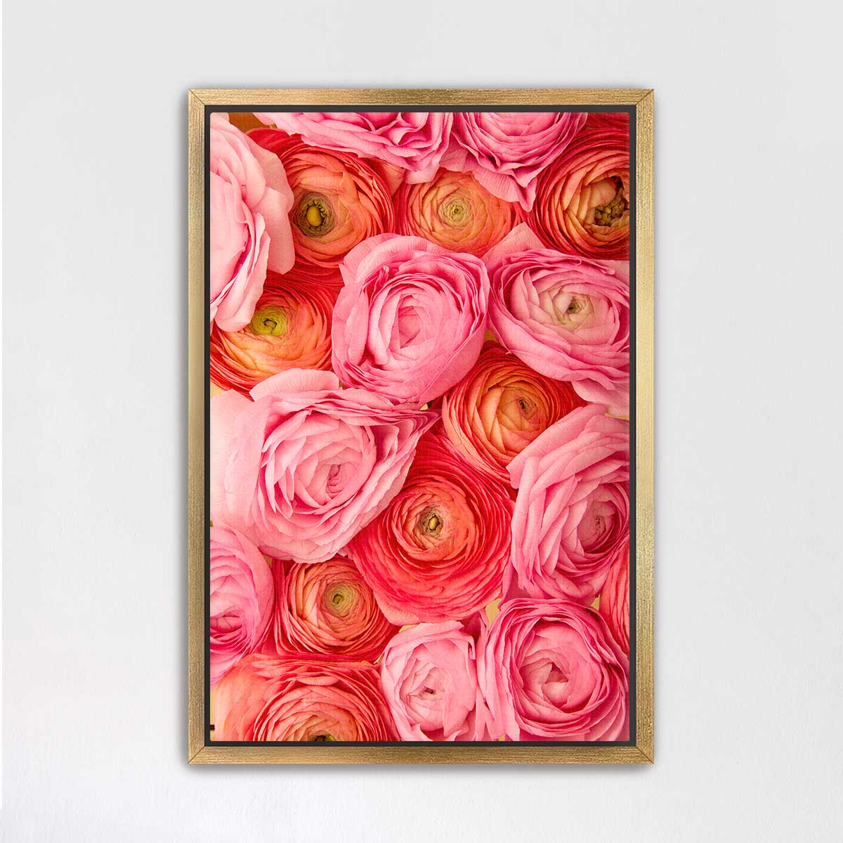 The image is a framed collage of various pink and orange flowers, including roses and carnations, arranged in a visually appealing manner.
