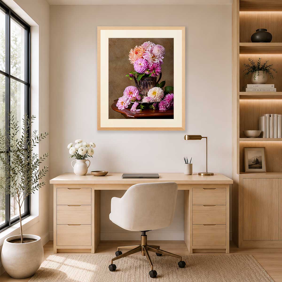 Dahlia Tea Party wall art print with a teapot flower arrangement scene in soft pink and cream tones