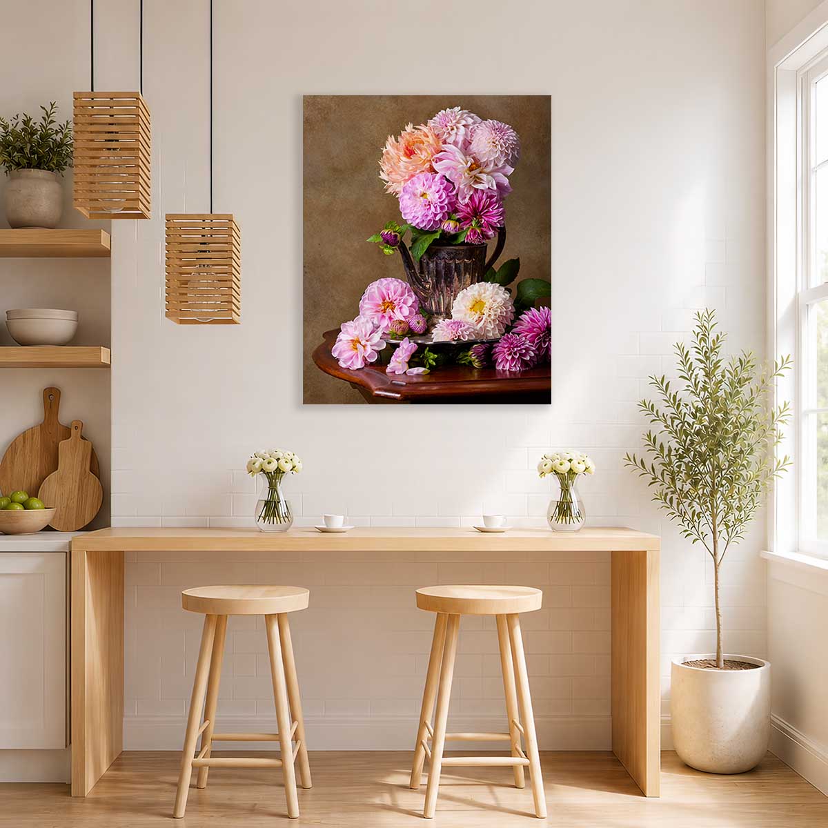 Dahlia Tea Party Wall Art Canvas with pink and purple floral still life bouquet on a neutral background